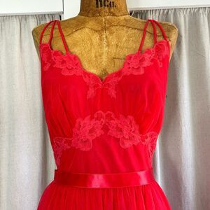 Vintage 50s Vanity Fair Red Coral Nylon Chiffon Ballerina Slip Dress Nightgown S